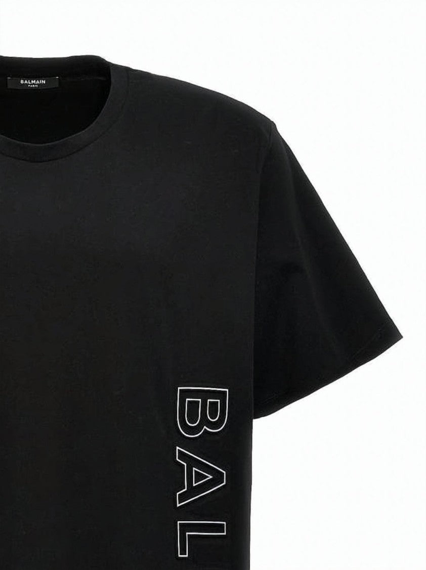 Balmain Short-Sleeve Black Cotton T-Shirt With Bold Branding Detail