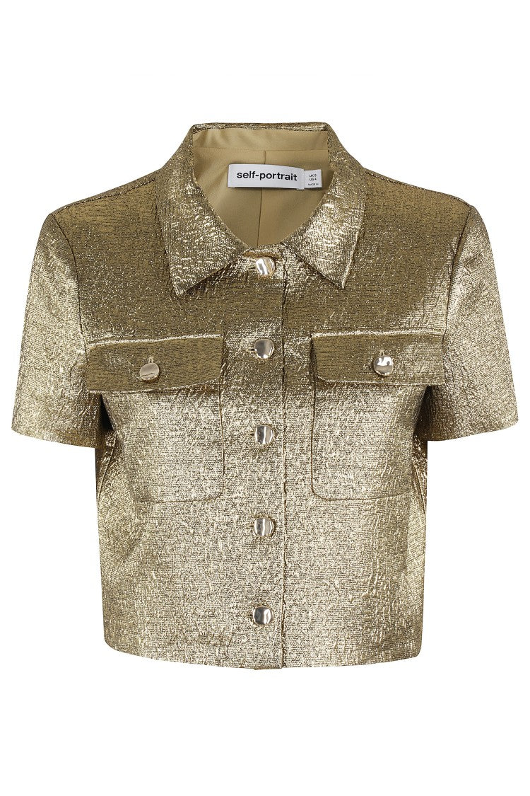 Self-Portrait Cropped Gold Metallic Jacquard Top