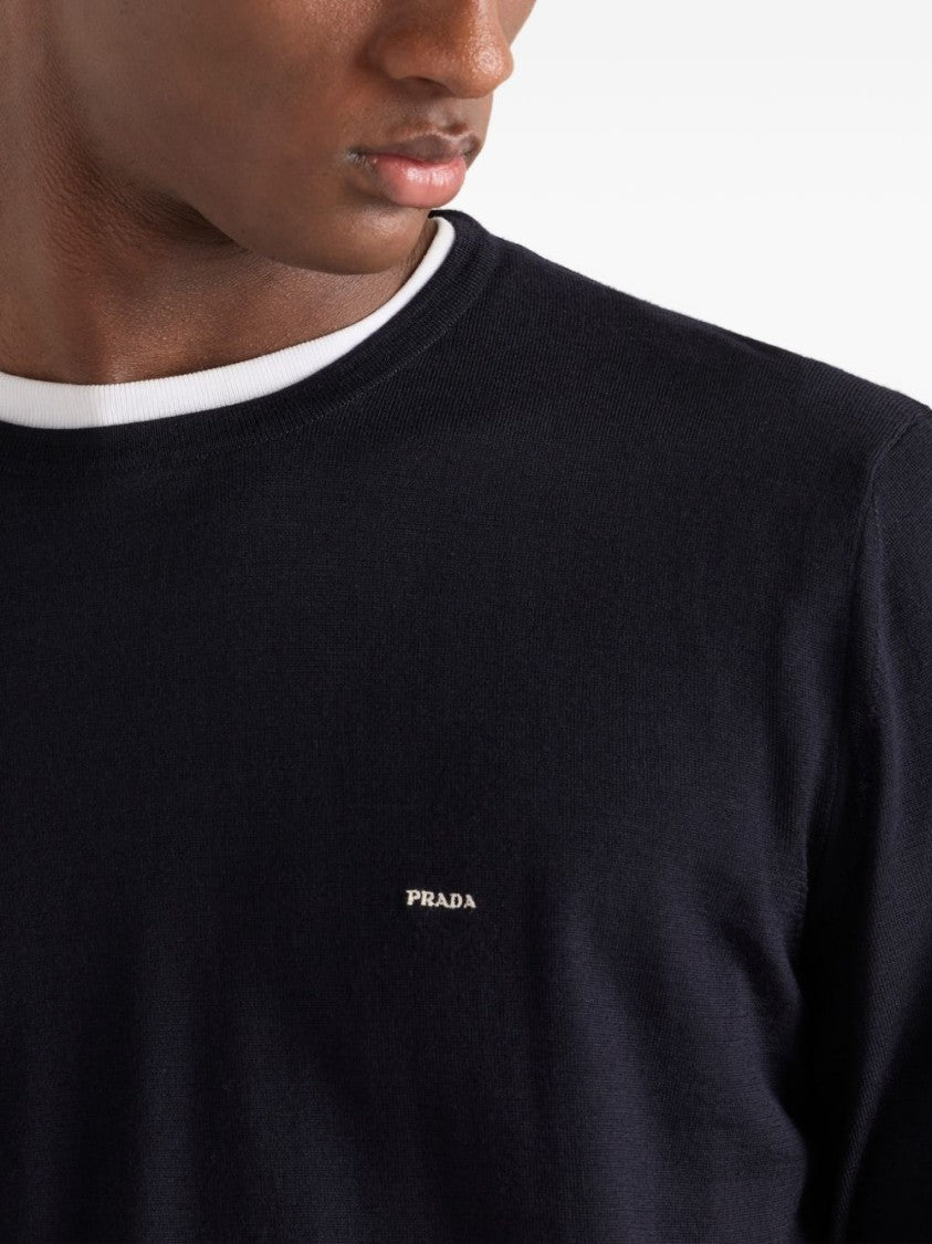 Prada Dark Blue Superfine Wool Plain Sweater