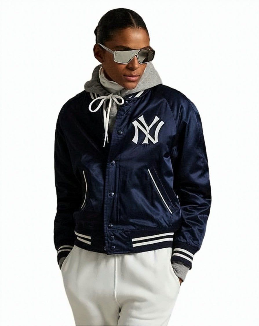 Polo Ralph Lauren Navy Blue Bomber Jacket With Striped Ribbed Cuffs