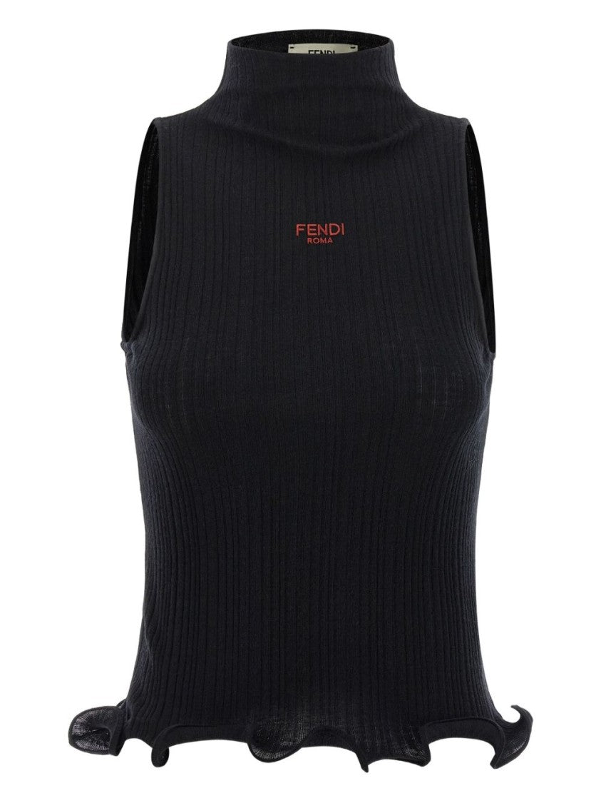 Fendi Black Sleeveless Ribbed Knit Top