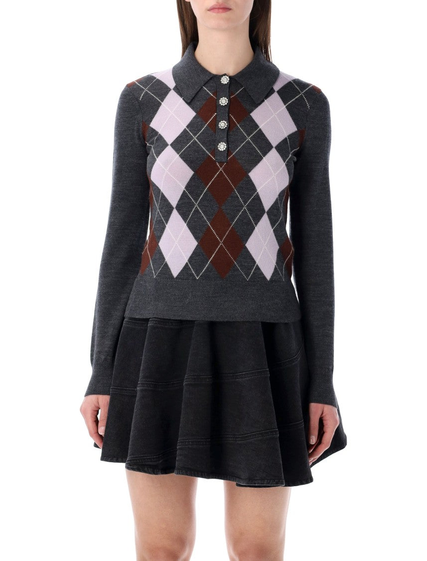 Self-Portrait Argyle Knit Jewel Button Check Top