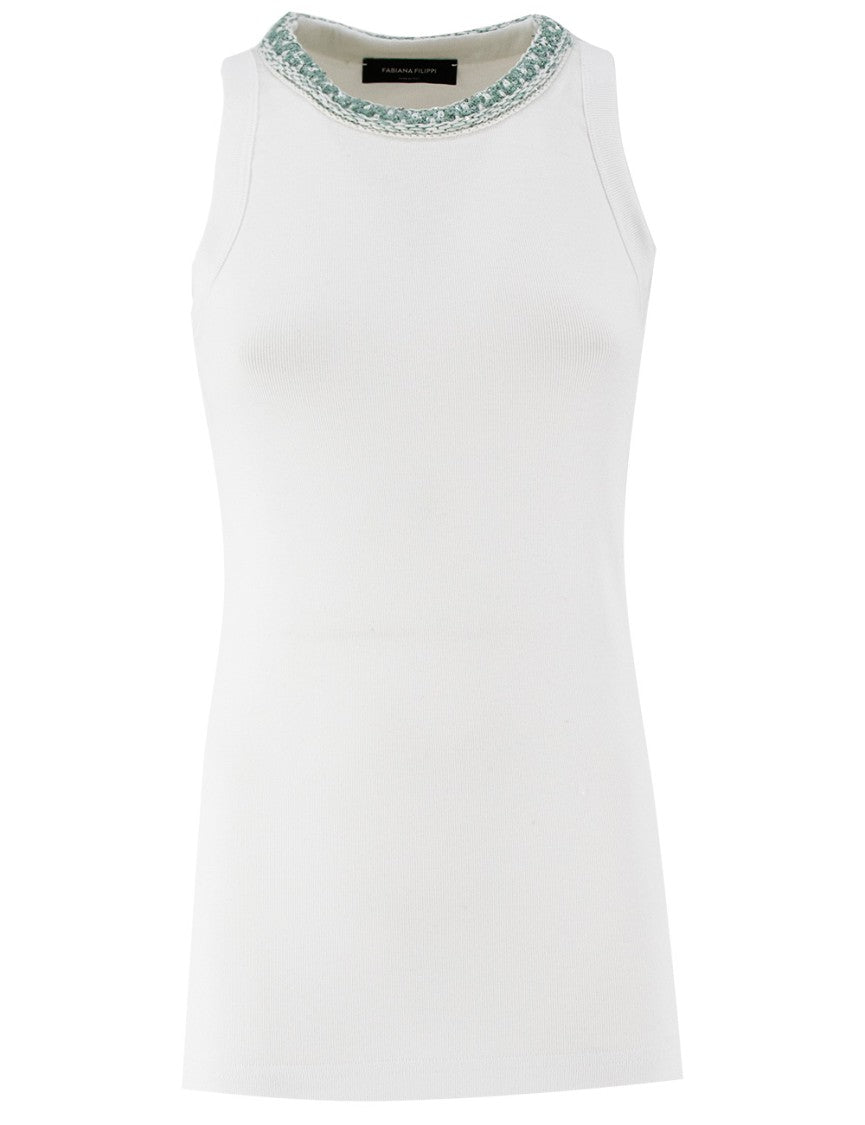 Fabiana Filippi Ribbed Cotton Top With Sequined Neckline