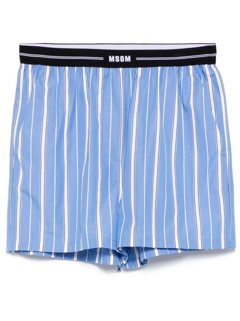 Msgm Light Blue Striped Shorts With Logo Waistband