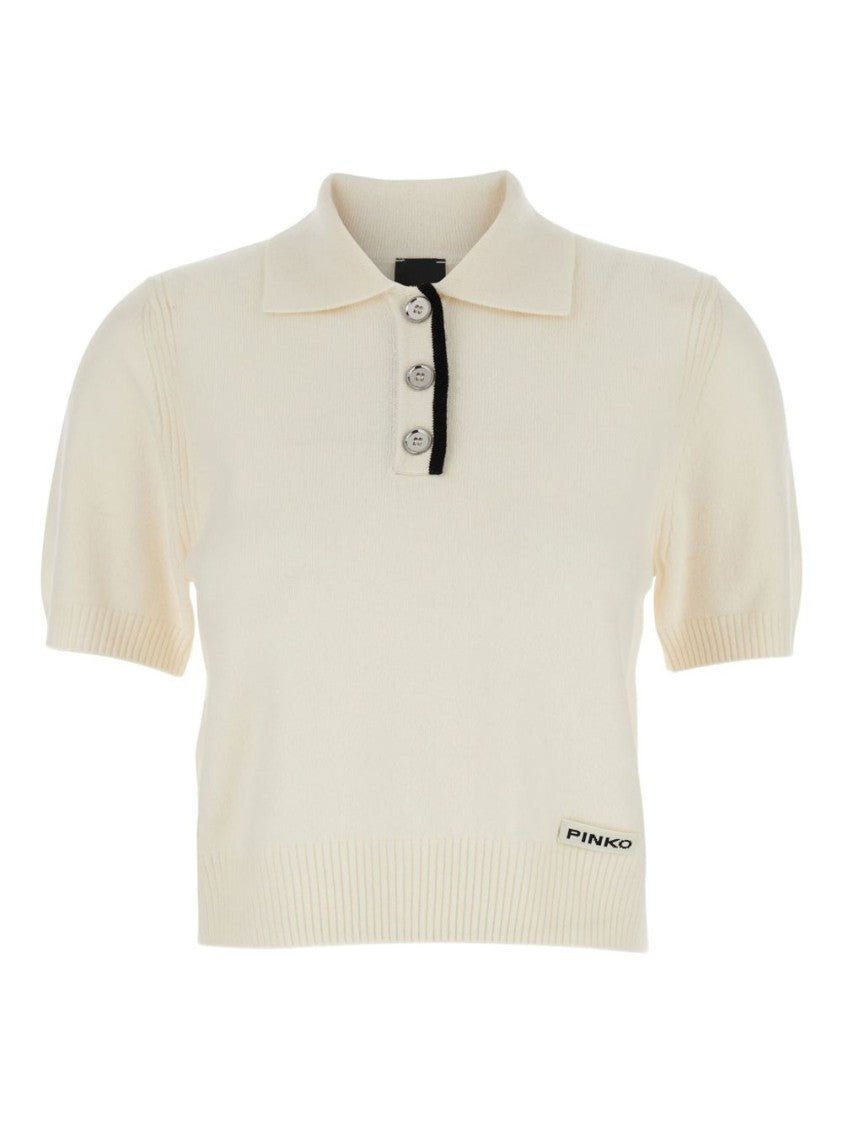 Pinko Cropped White Polo Shirt With Merino Wool