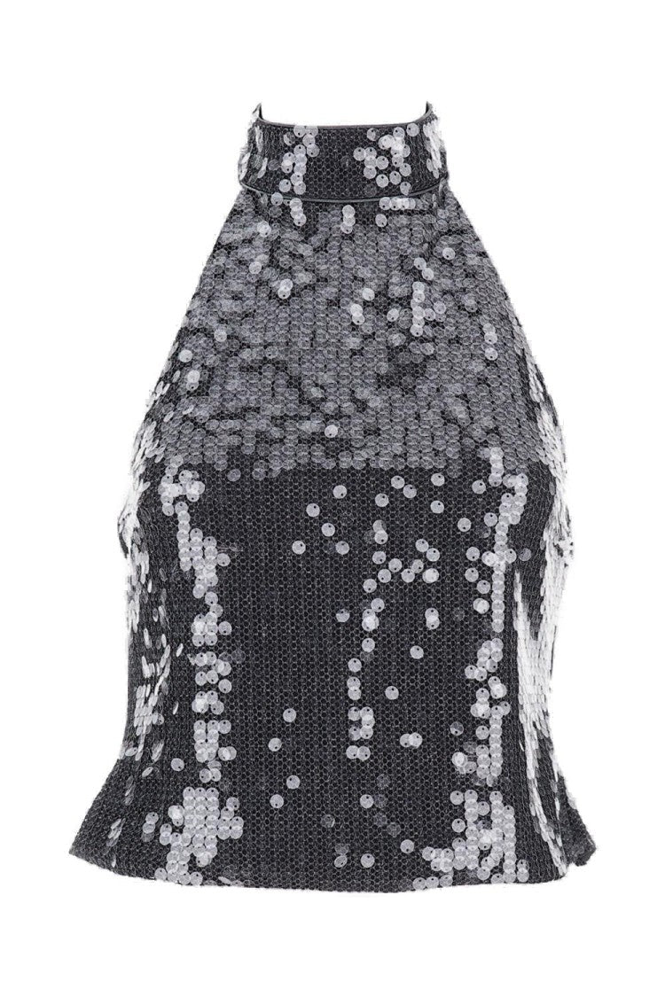 Rotate Birger Christensen High-Neck Mesh Top With Pailettes