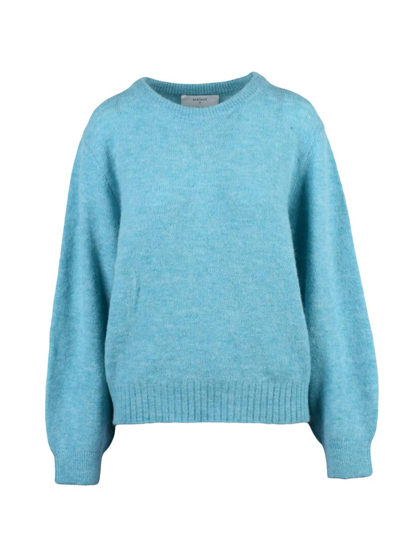 Beatrice.B Light Blue Crewneck Sweater With Puffed Sleeves And Heathered Finish