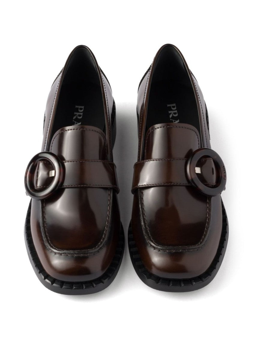 Prada Polished Brown Flat Shoes With Decorative Buckle