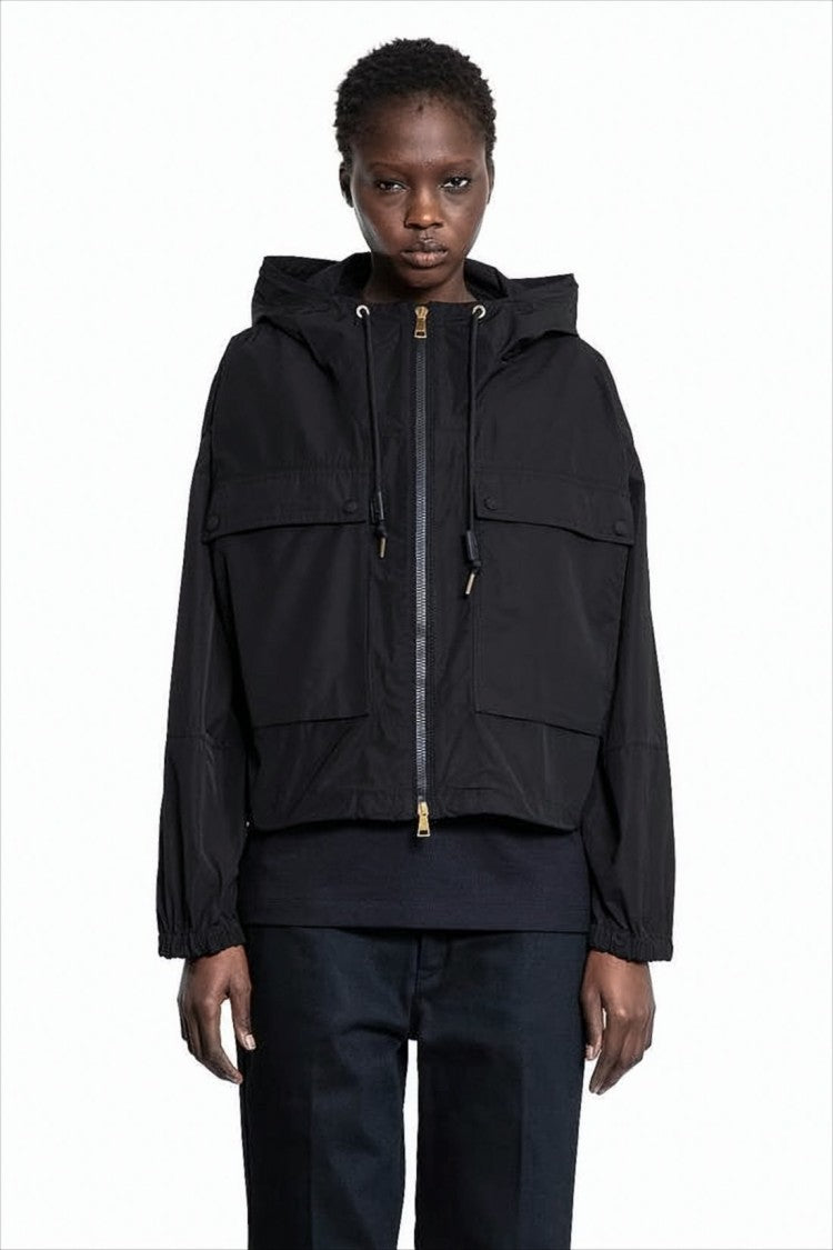 Moncler Cropped Black Jacket With Hood And Relaxed Cuffs