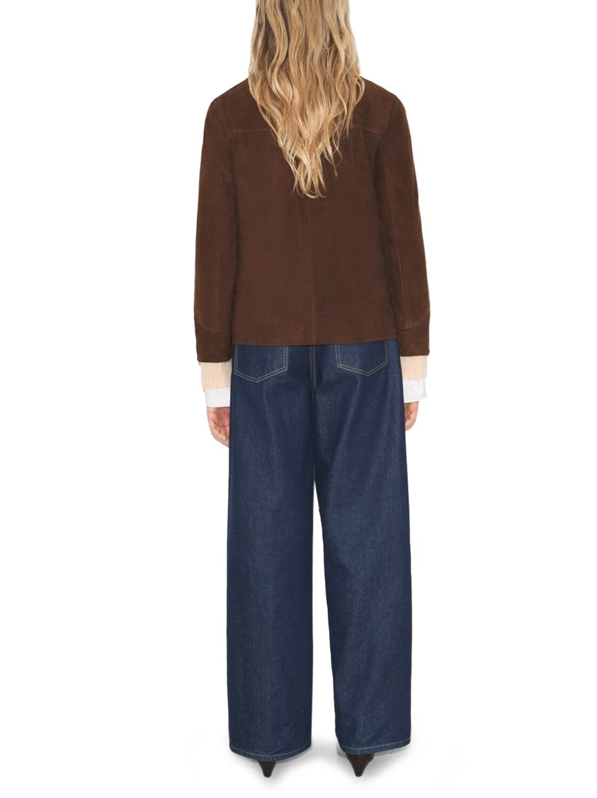 Tory Burch Brown Suede Blazer With Pointed Collar And Minimalist Design