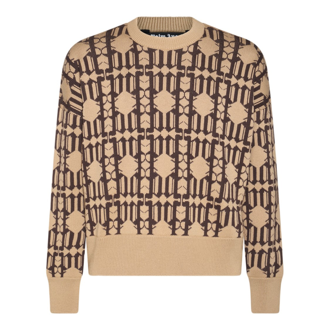 Palm Angels Beige Sweater With Bold Dark Brown Geometric Pattern