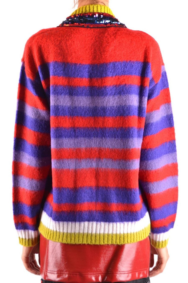 Pinko Multicolor Striped V-Neck Sweater With Sequined Panels