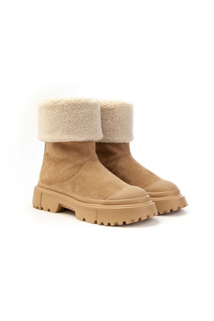 Hogan Beige Suede Shearling Cuff Lug Sole Boots