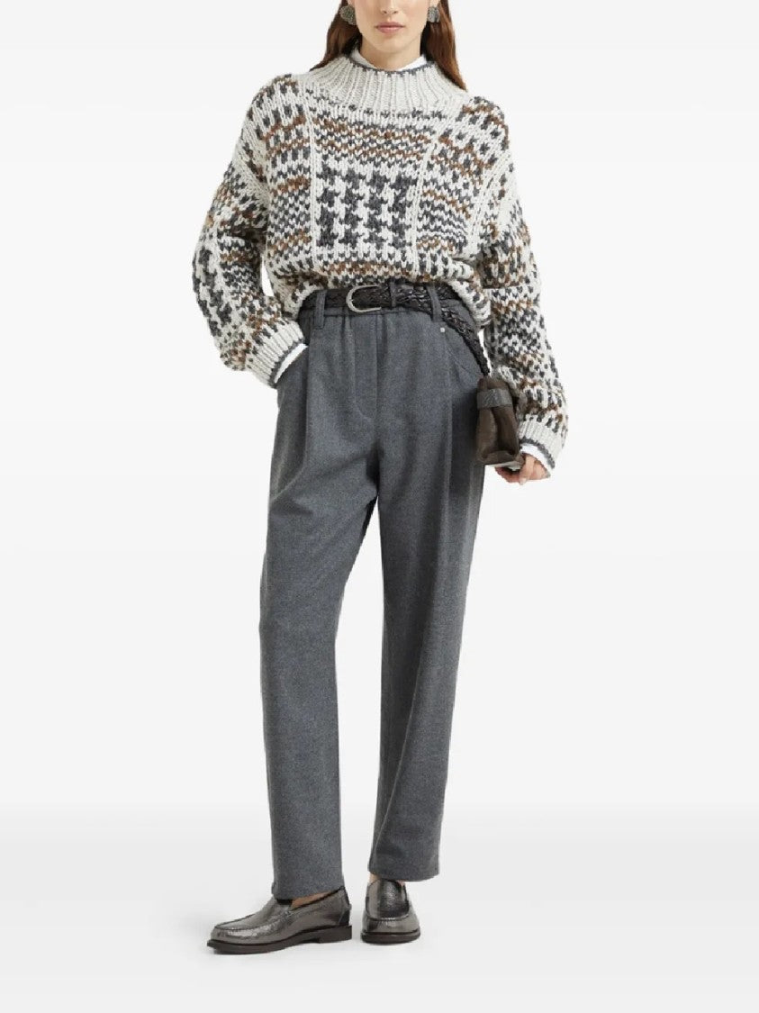 Brunello Cucinelli High-Waisted Trousers With Woven Belt Detail