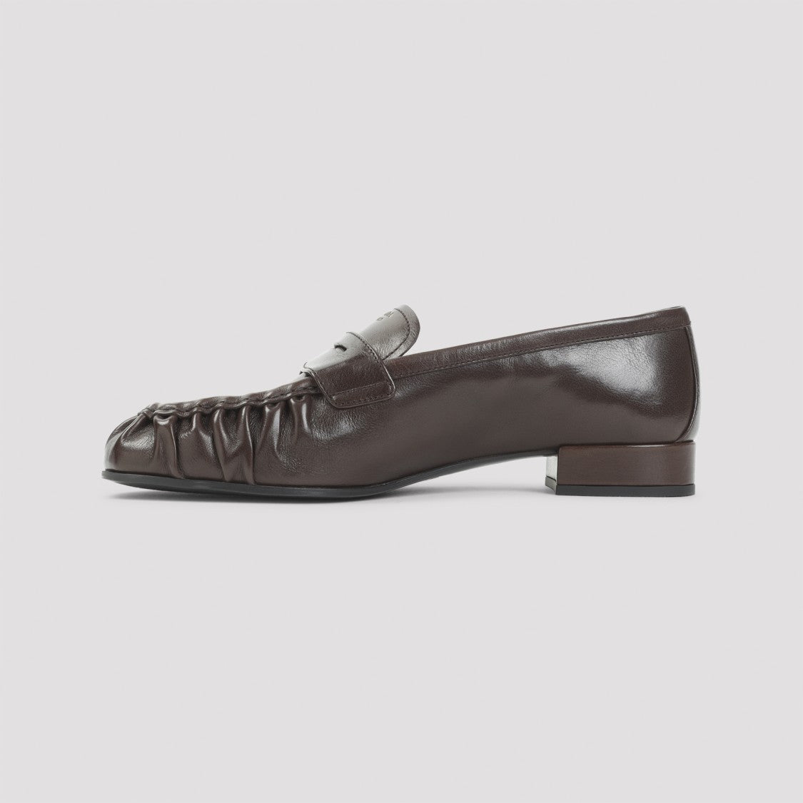 Prada Brown Buffalo Leather Loafers With Gathered Detail