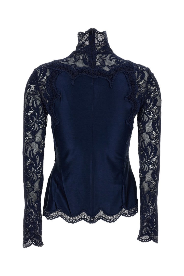 Rabanne Blue Stand Collar Scalloped Lace Top