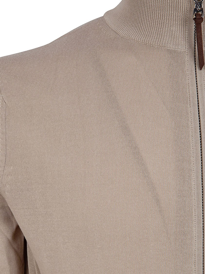 Ballantyne Full Zip Knit Sweater With Ribbed Collar And Leather Detail