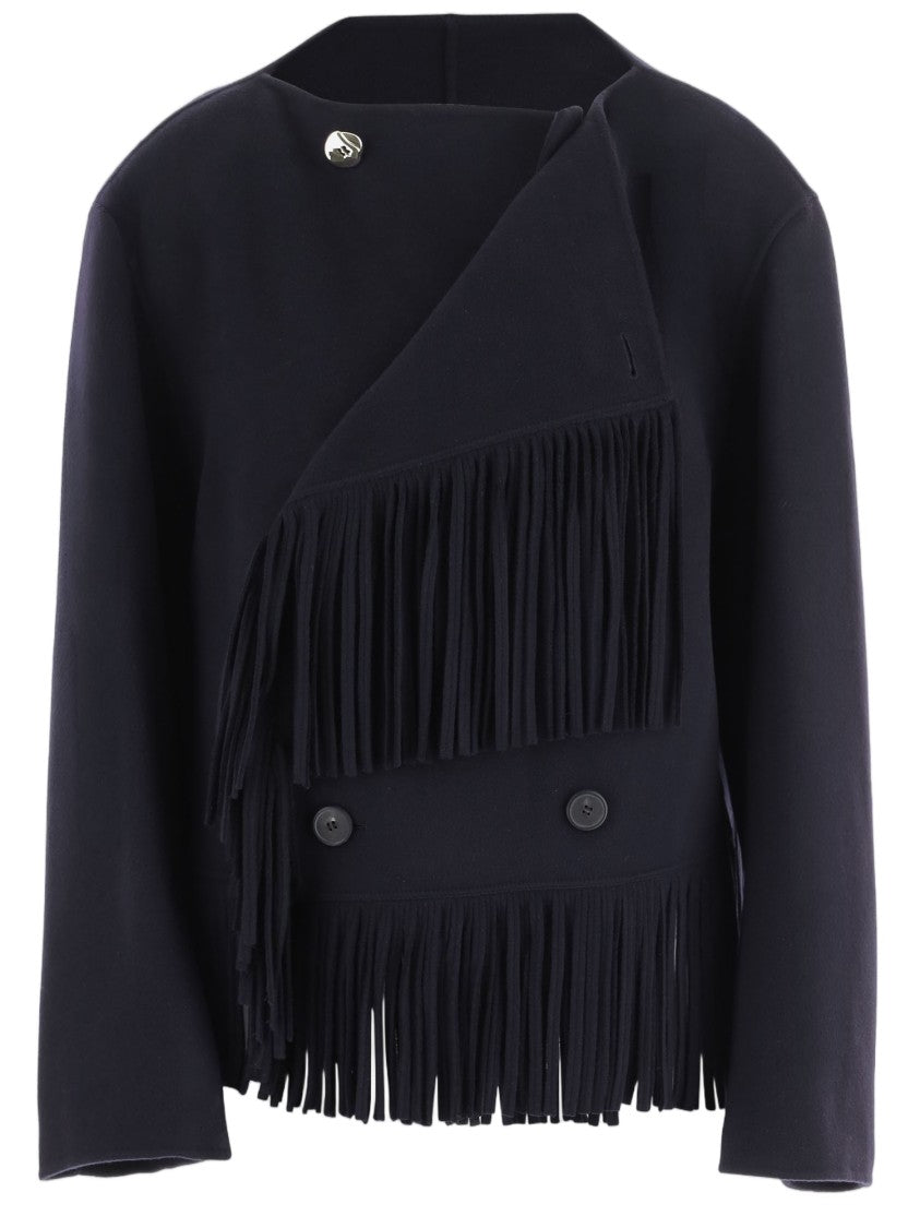 Carven Navy Blue Fringed Double-Breasted Wool-Cashmere Jacket