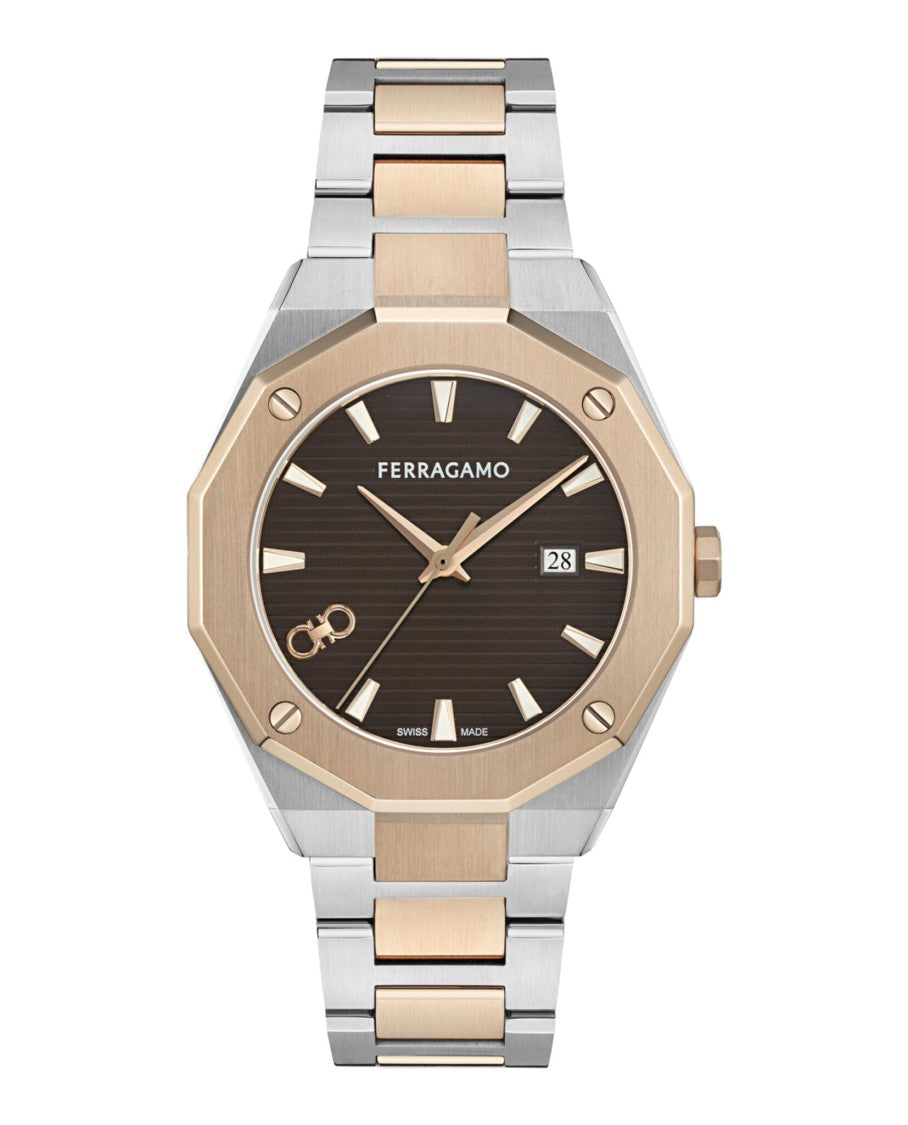Ferragamo Edge Bracelet Watch With Two-Tone Design And Guilloche Dial
