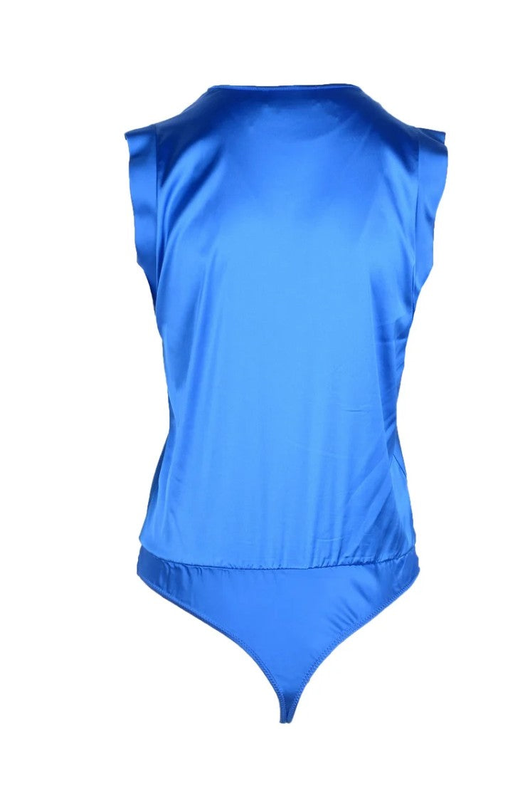 Patrizia Pepe Sera Blue V-Neck Viscose-Blend Bodysuit