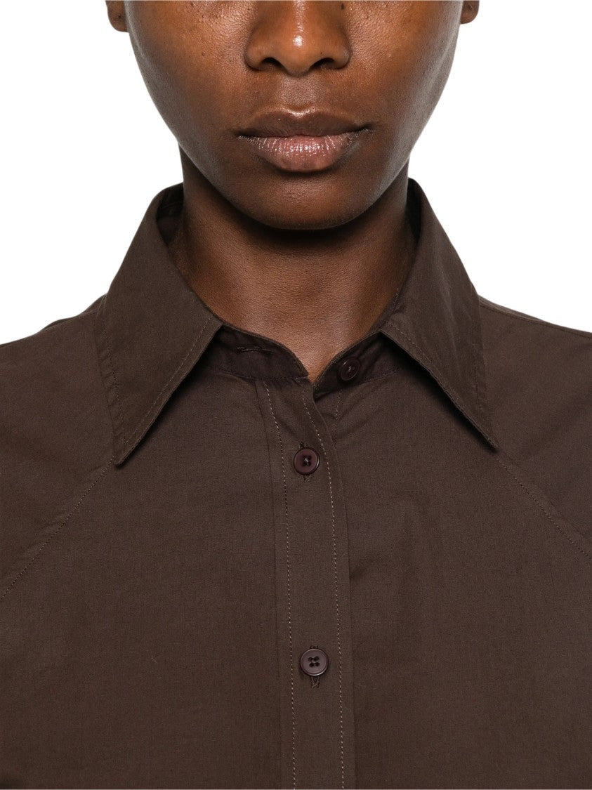 Closed Deep Brown Blouse With Classic Collar And Puffed Sleeves