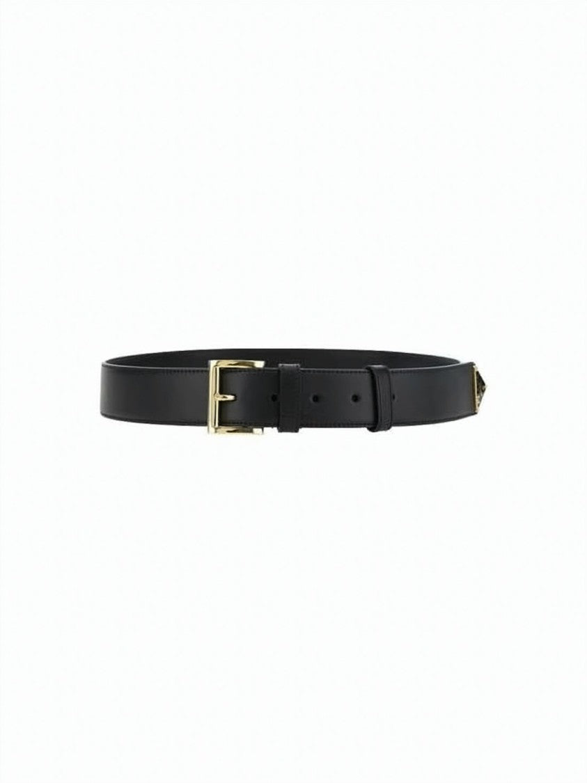 Prada Leather Belt With Polished Gold-Tone Buckle And Triangular Logo