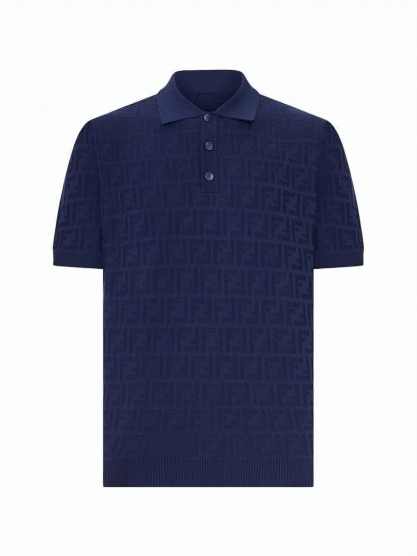 Fendi Textured Blue Polo Shirt With Classic Collar