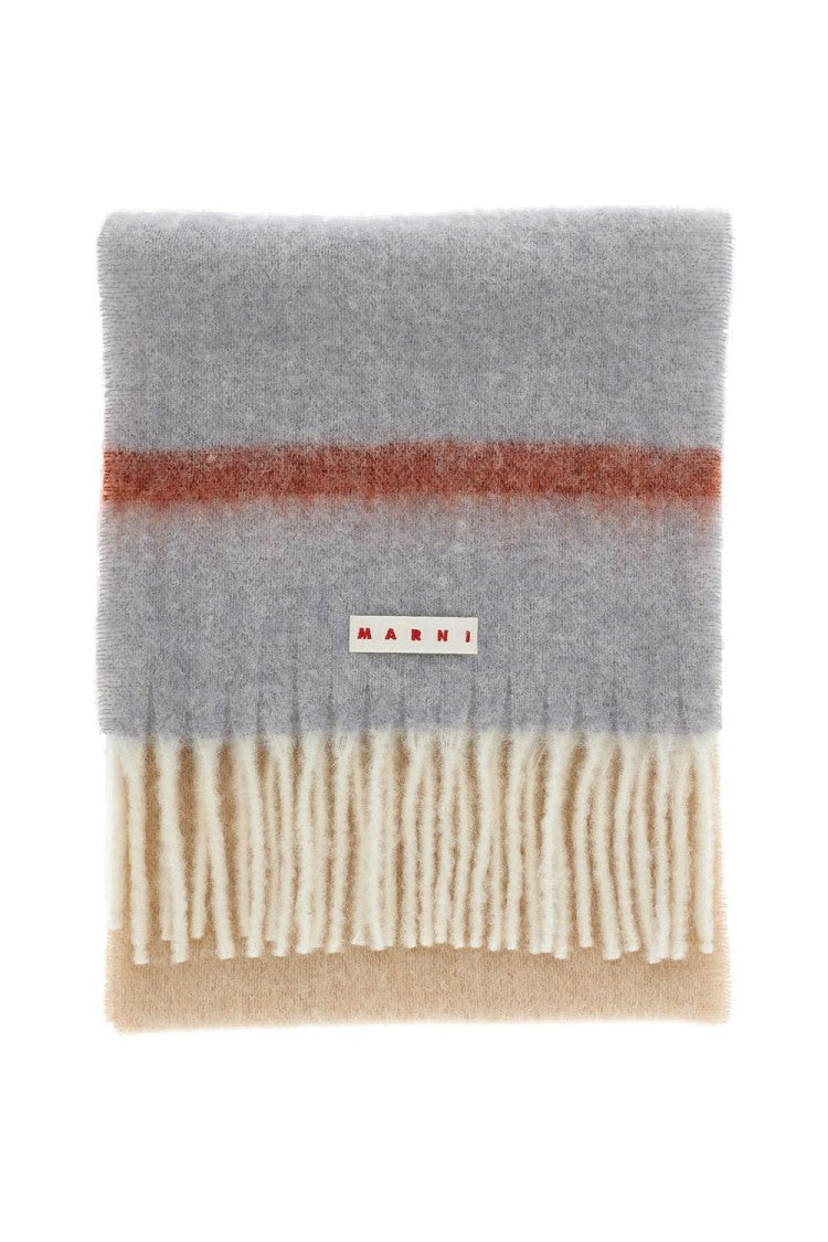 Marni Multicolour Wool Scarf With Fringed Edges And Logo Label
