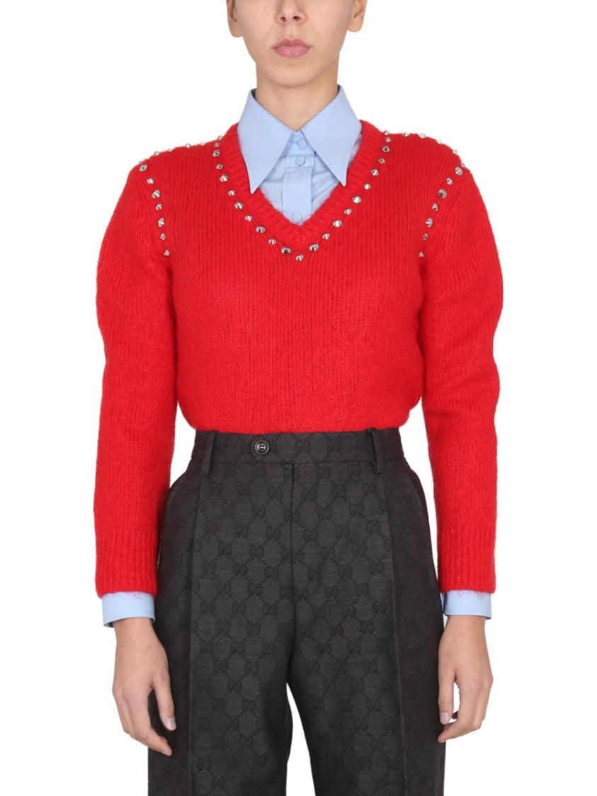 Gucci V-Neck Mohair Sweater With Studded Accents