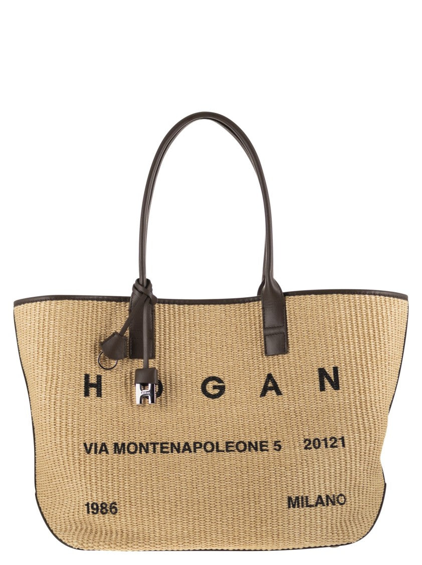 Hogan Raffia Tote Bag With Leather Accents