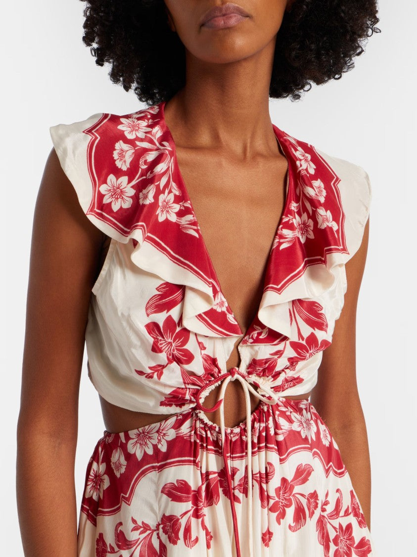 Farm Rio Red Botanical Motif Viscose Midi Dress