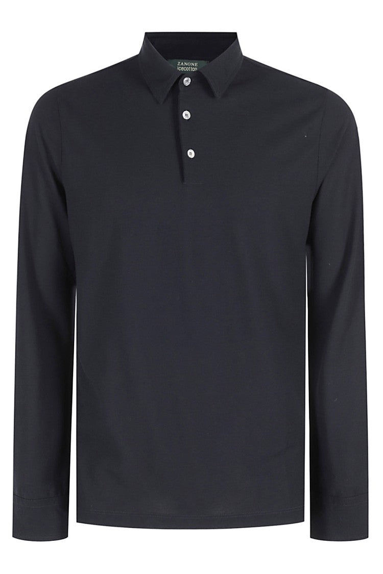 Zanone Blue Icecotton Long-Sleeve Polo With Buttoned Collar