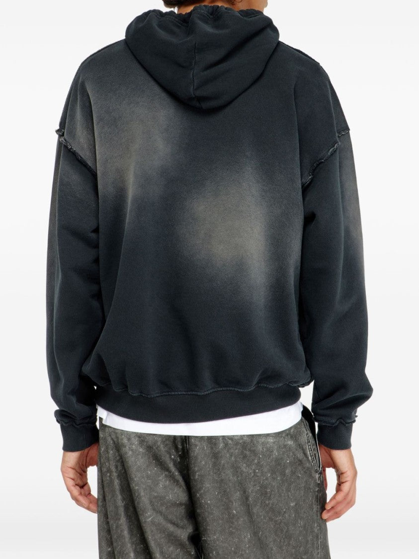 Diesel Frayed Black Cotton Embroidered Hoodie