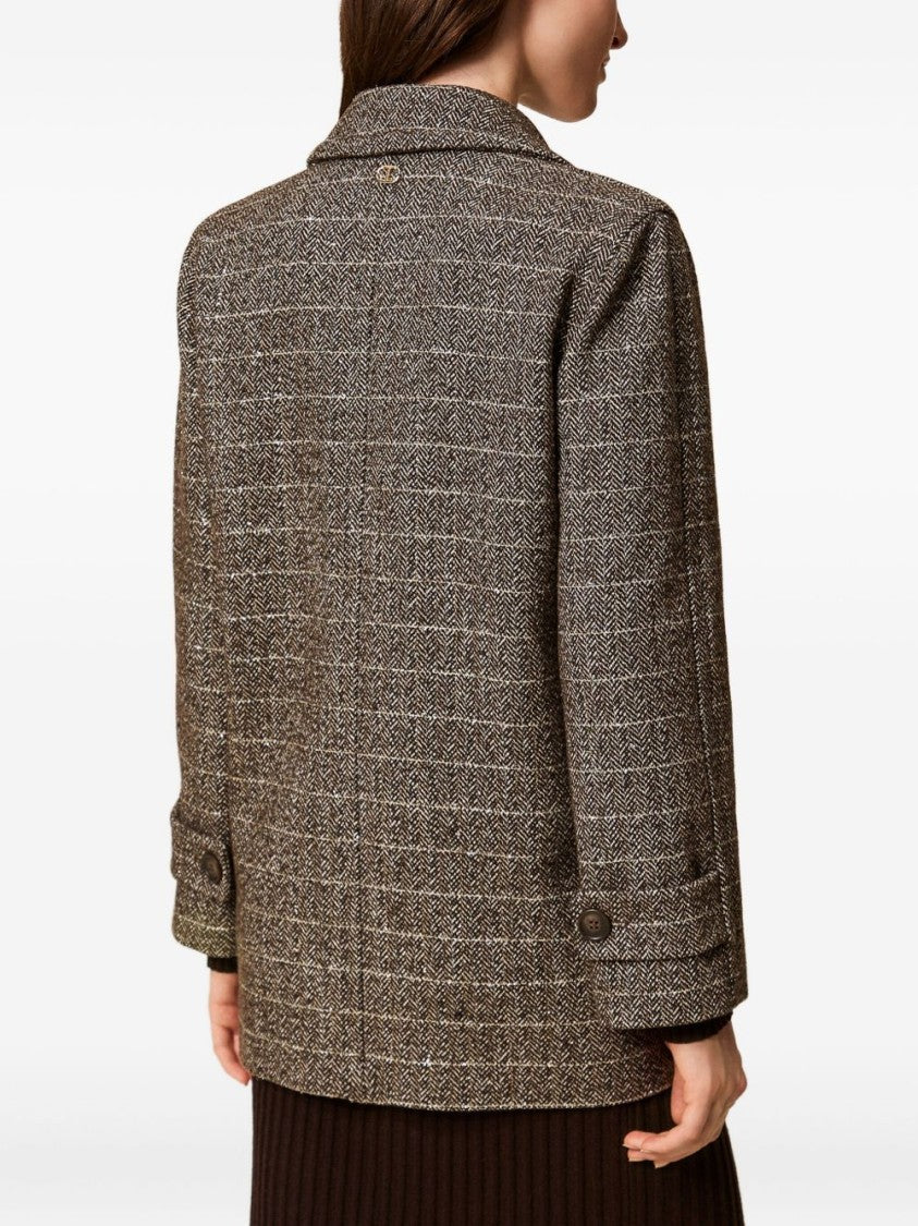 Twin-Set Brown Herringbone Short Coat With Gold Accents