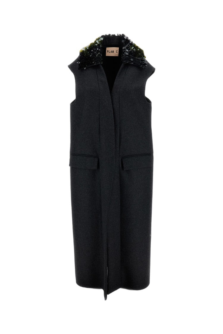 Plan C Melange Grey Sequin Collar Long Wool Vest