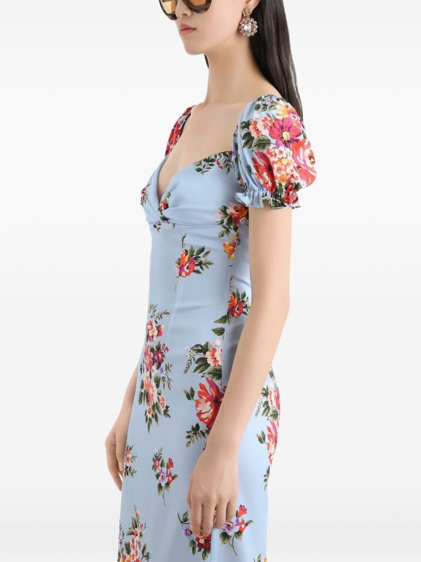 Dolce & Gabbana Blue Flower Bouquet Printed Dress