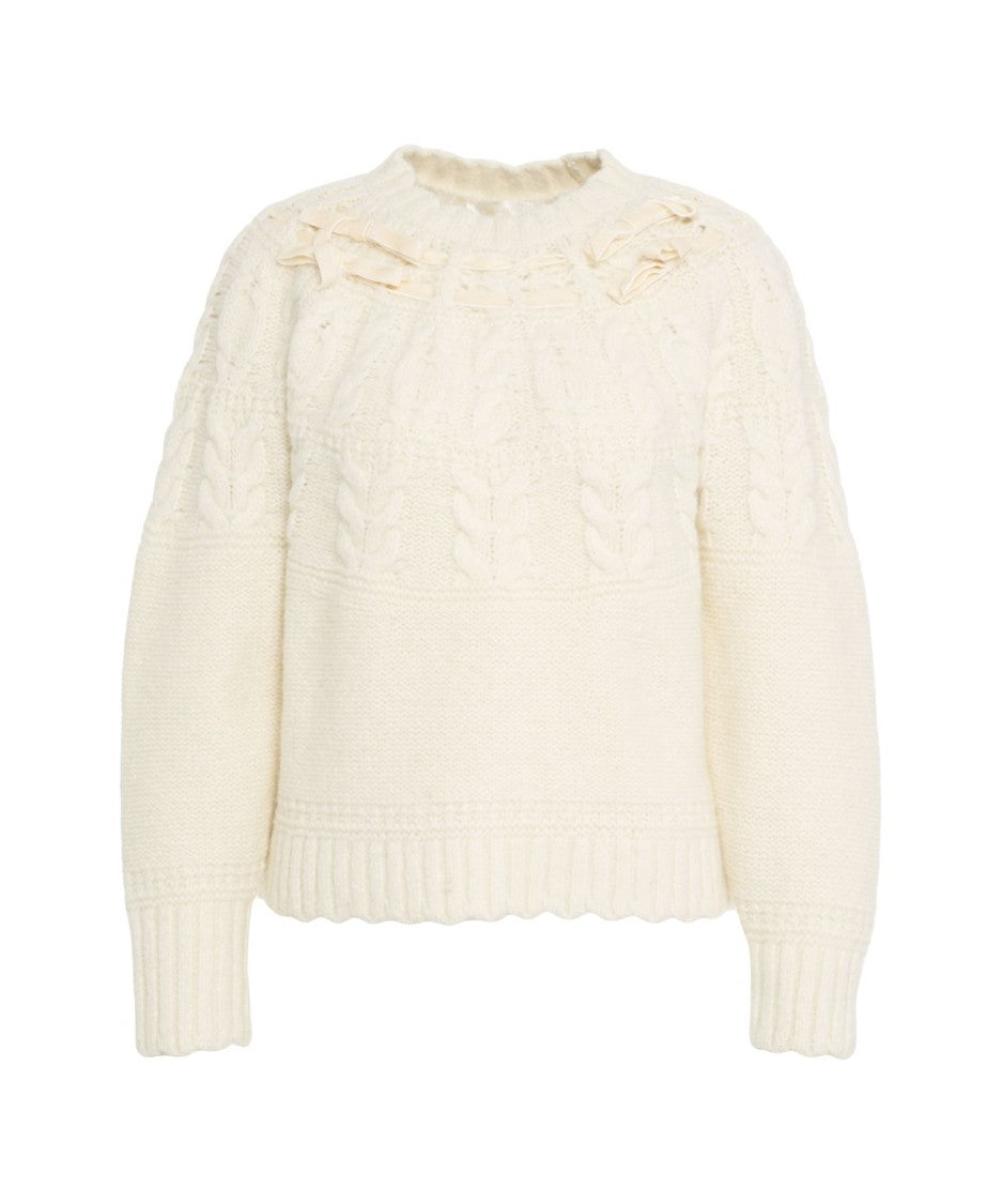 Loveshackfancy Cable Knit Sweater With Bow Detail