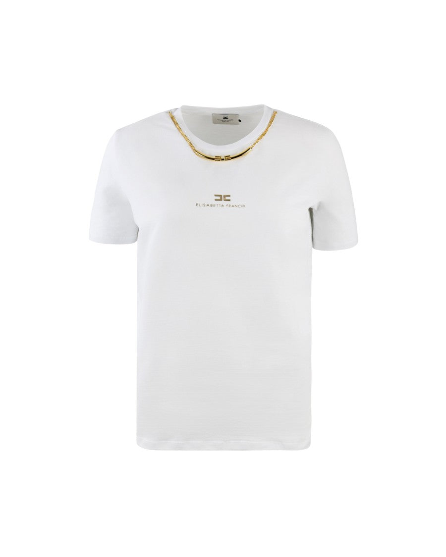 Elisabetta Franchi White Cotton Jersey T-Shirt With Necklace Detail