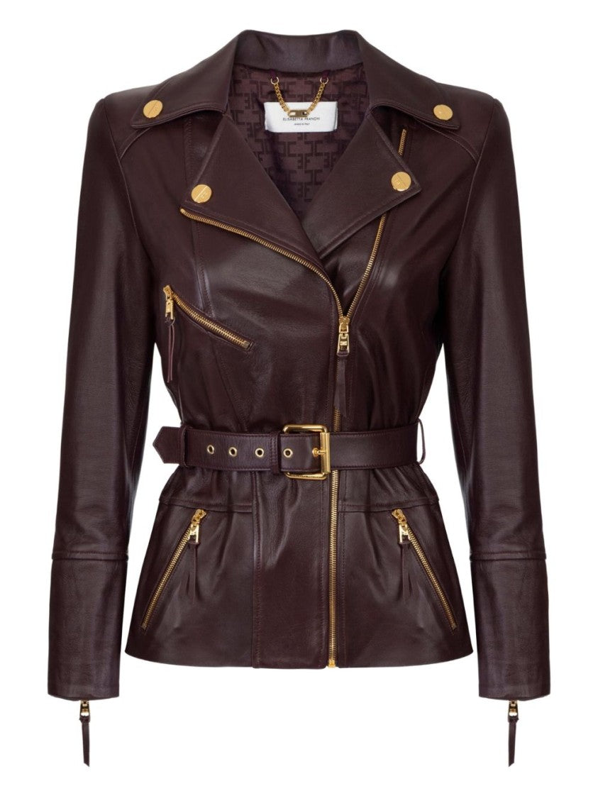 Elisabetta Franchi Belted Burgundy Lamb Leather Jacket