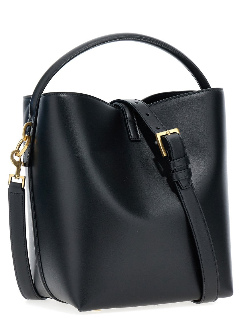 Saint Laurent Structured Black Calfskin Handbag With Metal Logo Closure