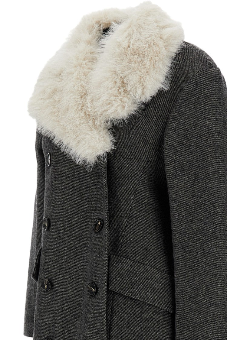 Simone Rocha Grey Cut-Out Faux-Fur Collar Double-Breasted Wool Coat