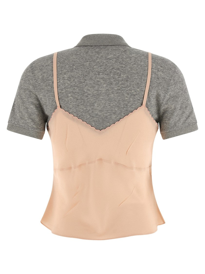 Miu Miu Layered Hybrid Top With Scalloped Edges And Front Logo Patch