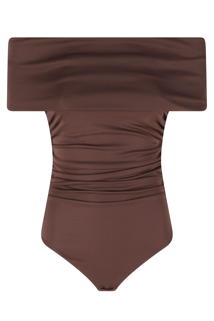 Des Phemmes Chocolate Off Shoulder Bandeau-Neckline Polyester Bodysuit