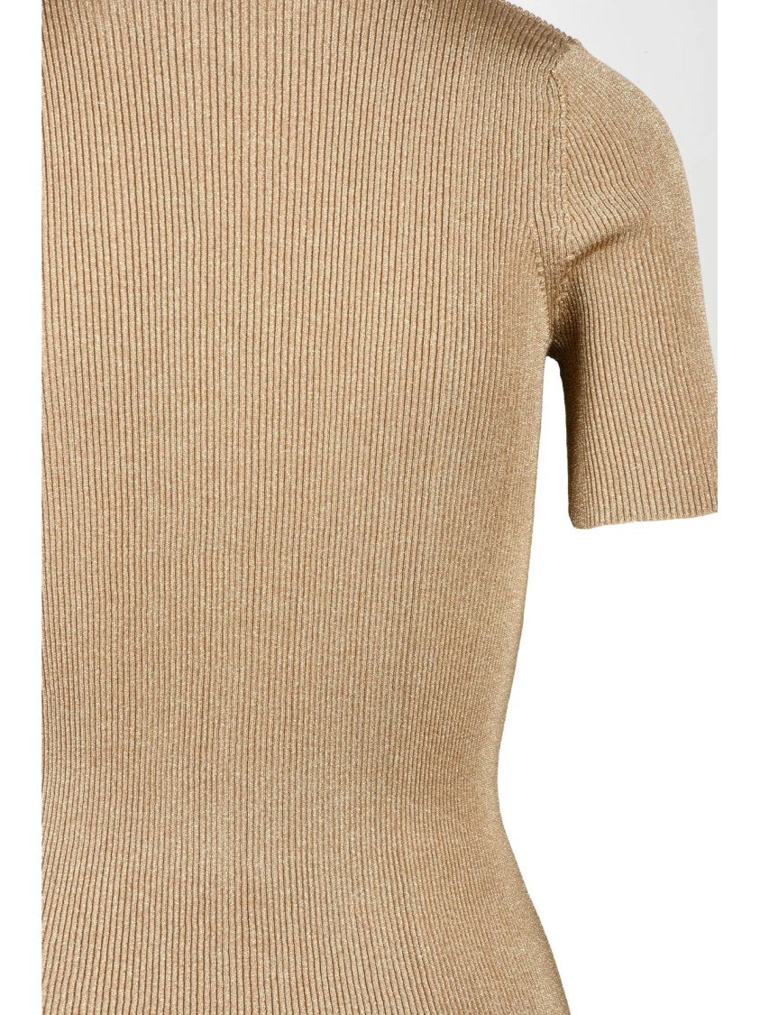 Max Mara Gold Svelto Metallic Ribbed Fitted Underlayer Top