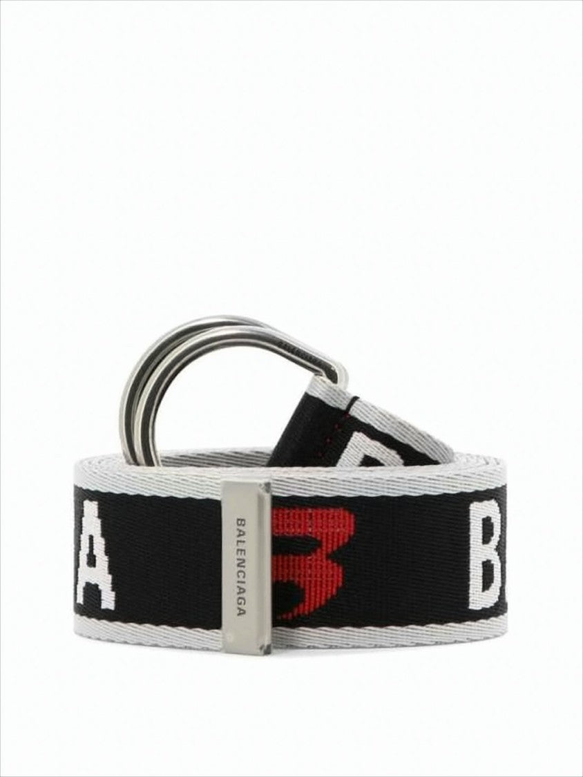 Balenciaga Leather Belt With Woven Logo And Double Ring Buckle