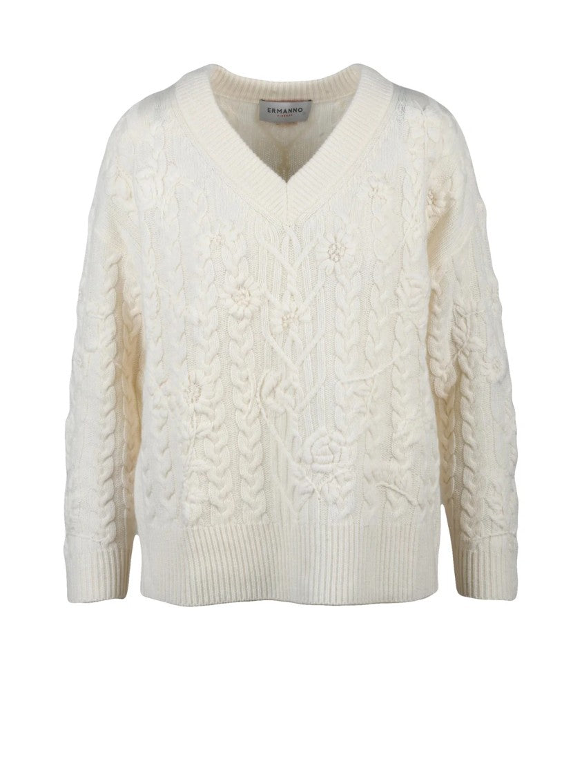 Ermanno Firenze V-Neck Cashmere Wool Sweater With Tone-On-Tone Embroidery