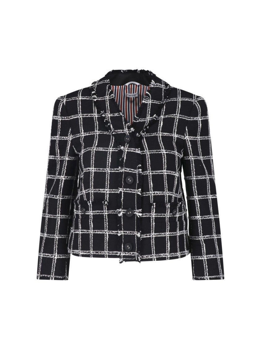 Thom Browne Cropped Black Windowpane Check Cotton-Blend Tweed Blazer