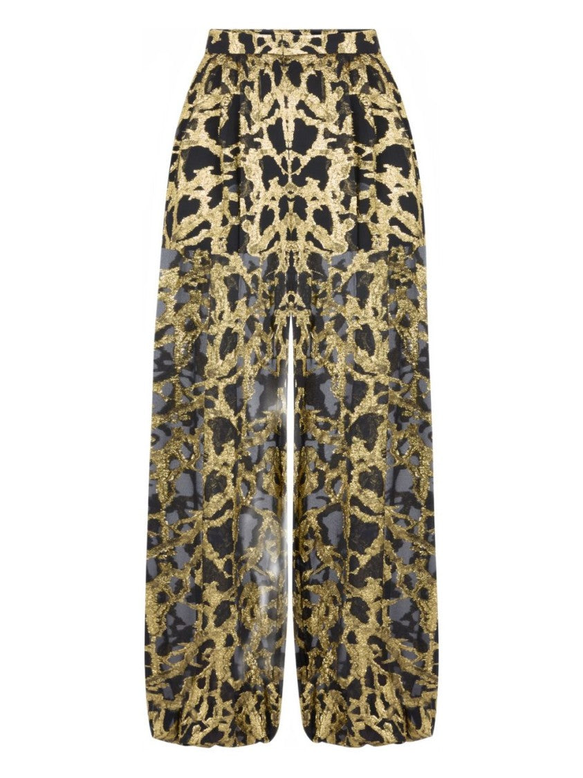 Nina Ricci Gold Marble-Effect Silk Wide-Leg Trousers