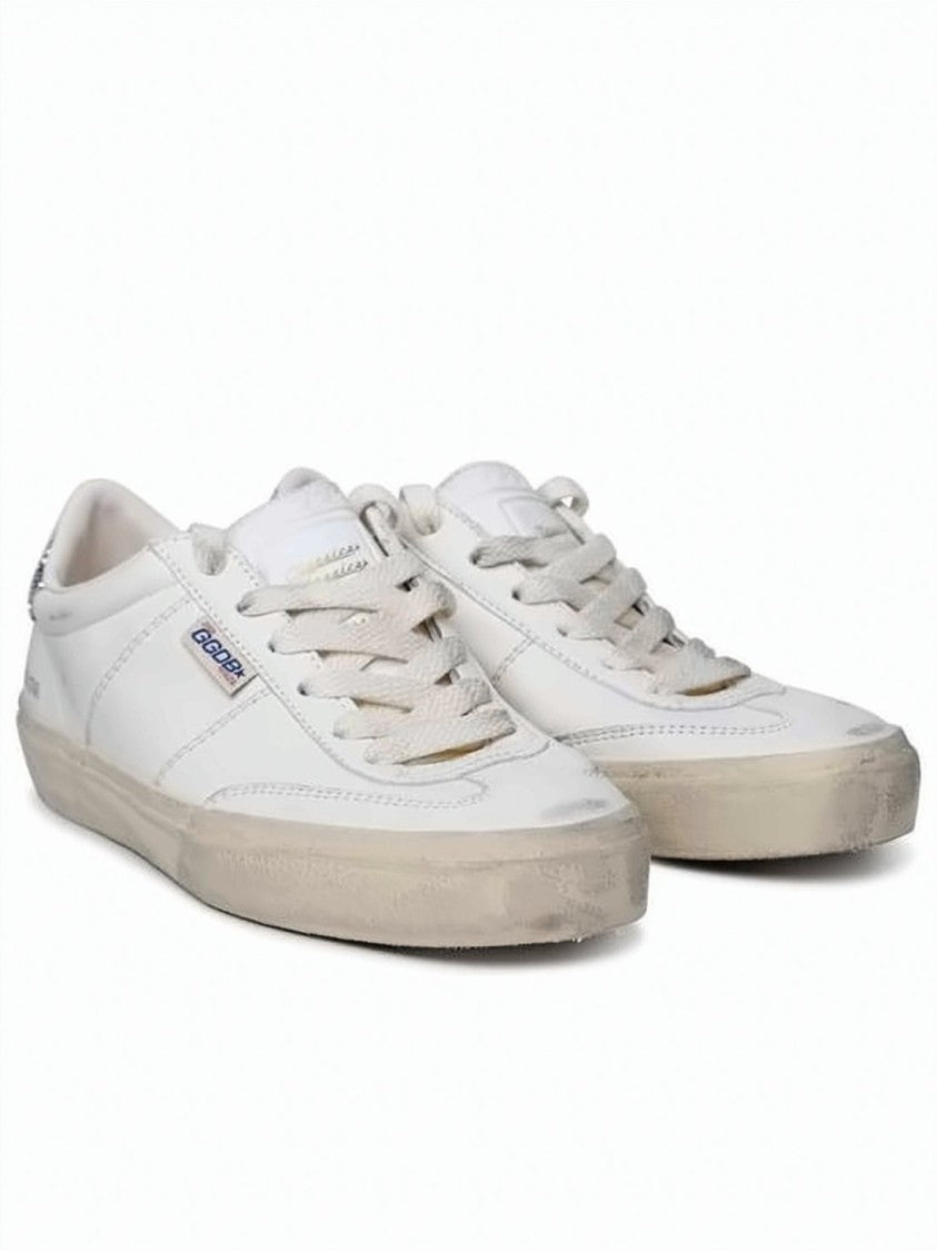 Golden Goose Distressed White Leather Low-Top Sneakers With Glitter Accents