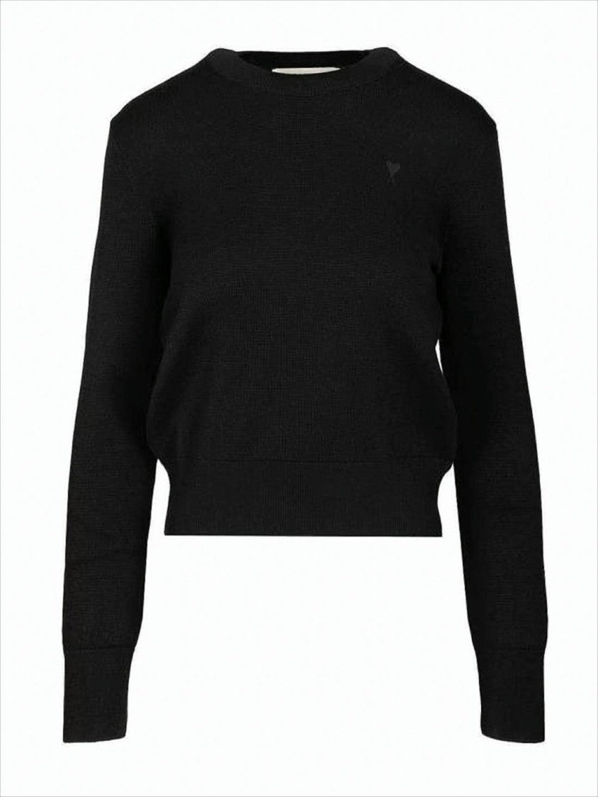 Ami Paris Fitted Black Wool Crewneck Sweater With Embroidered Detailing